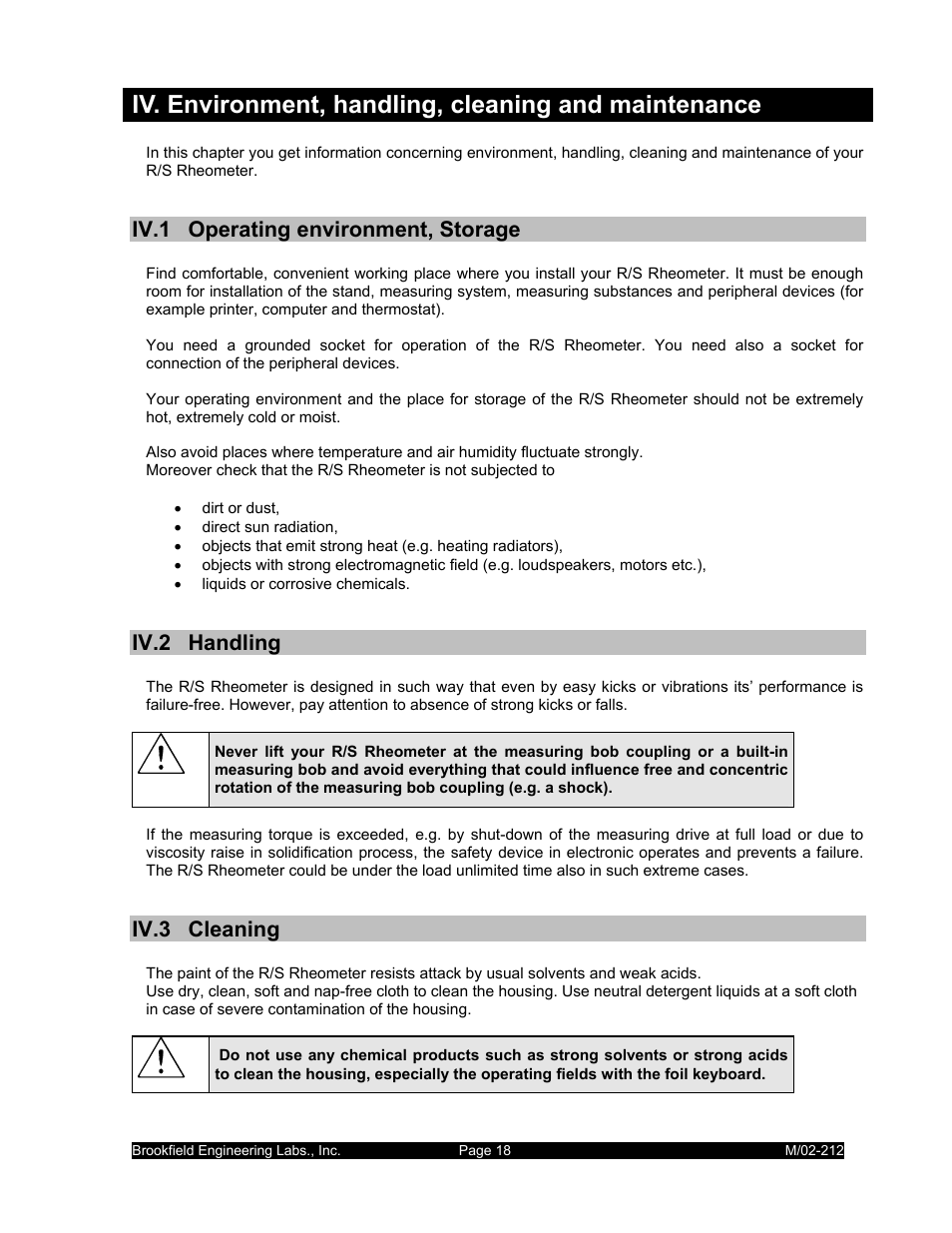 Iv.1 operating environment, storage, Iv.2 handling, Iv.3 cleaning | IBM R/S Rheometer M/02-212 User Manual | Page 18 / 65