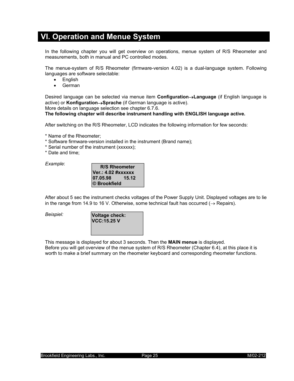 Vi. operation and menue system | IBM R/S Rheometer M/02-212 User Manual | Page 25 / 65