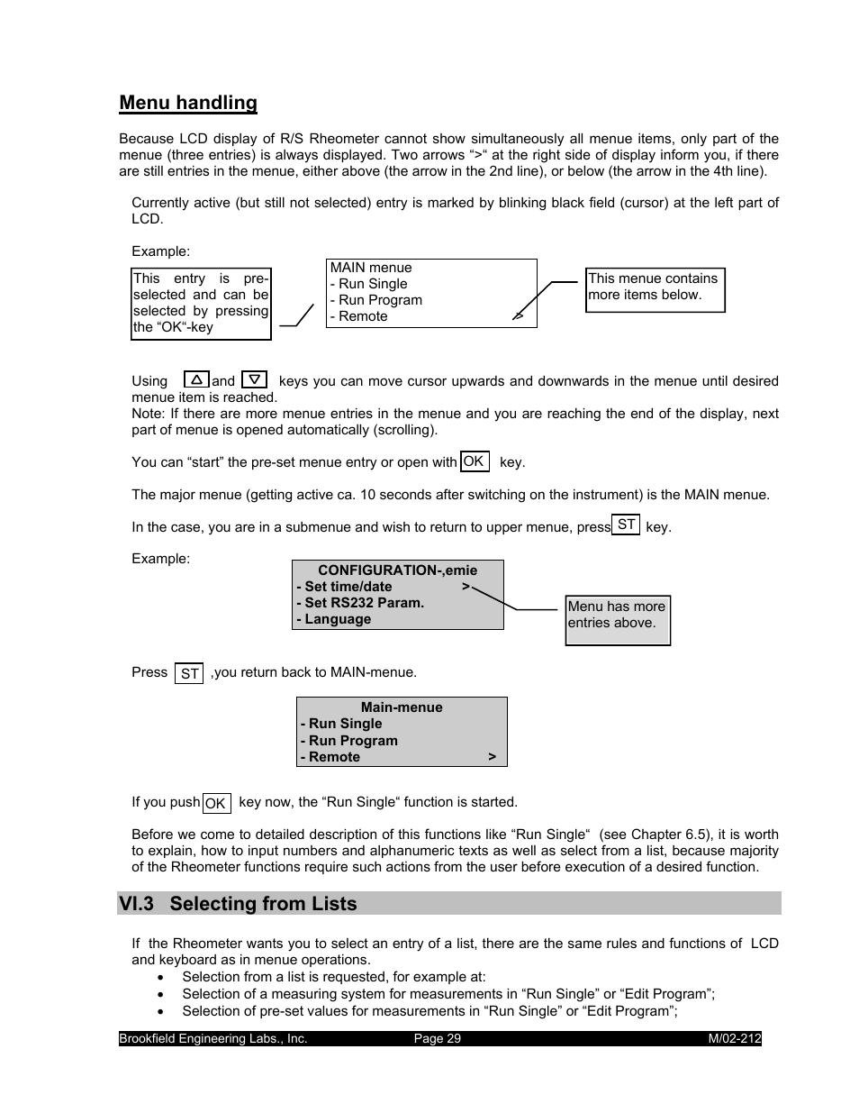 Menu handling, Vi.3 selecting from lists | IBM R/S Rheometer M/02-212 User Manual | Page 29 / 65