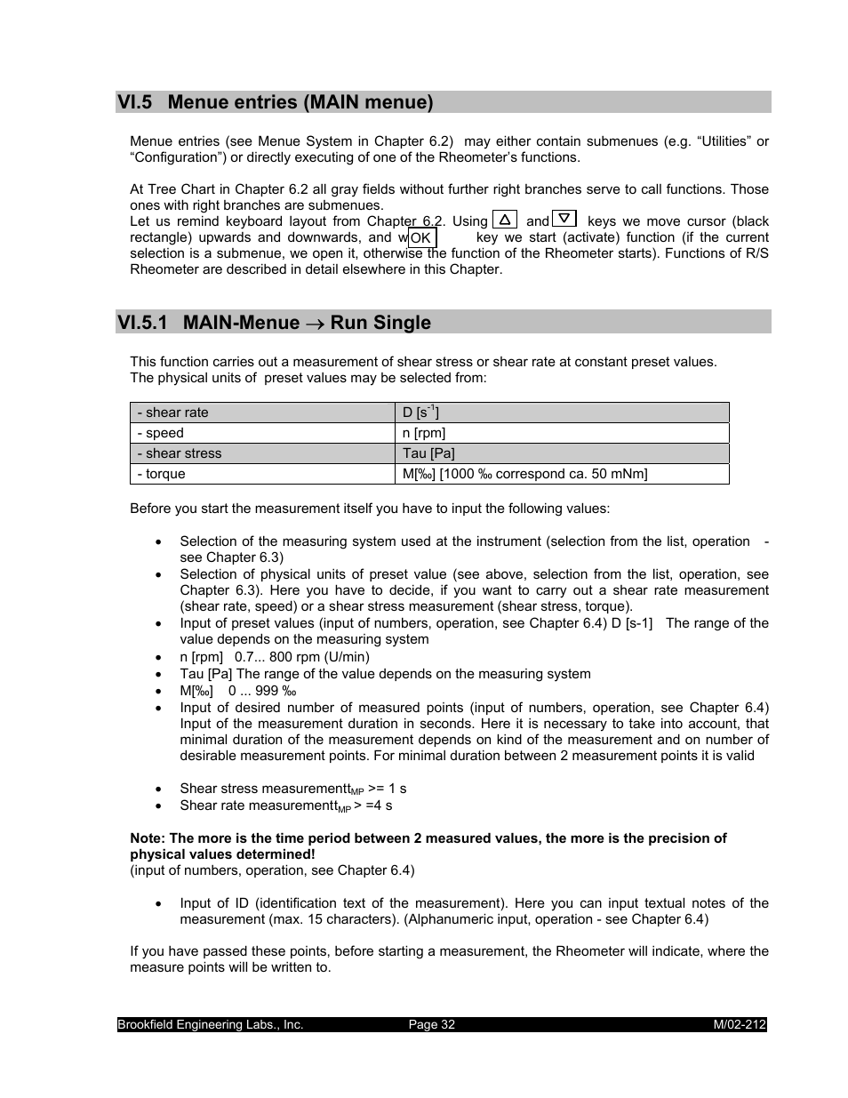 Vi.5 menue entries (main menue), Vi.5.1 main-menue → run single | IBM R/S Rheometer M/02-212 User Manual | Page 32 / 65