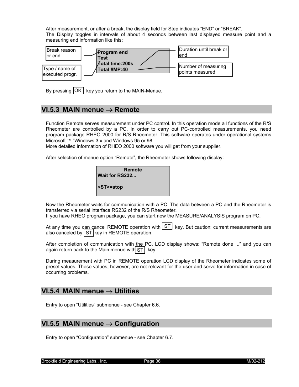 Vi.5.3 main menue → remote, Vi.5.4 main menue → utilities, Vi.5.5 main menue → configuration | IBM R/S Rheometer M/02-212 User Manual | Page 36 / 65