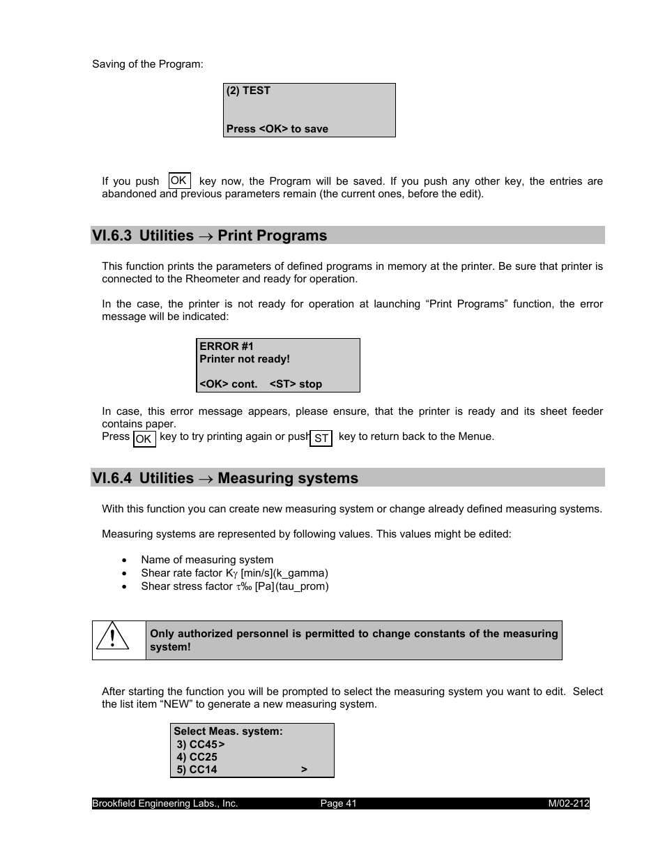 Vi.6.3 utilities → print programs, Vi.6.4 utilities → measuring systems | IBM R/S Rheometer M/02-212 User Manual | Page 41 / 65