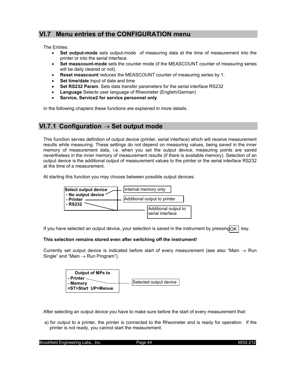 Vi.7 menu entries of the configuration menu, Vi.7.1 configuration → set output mode | IBM R/S Rheometer M/02-212 User Manual | Page 44 / 65