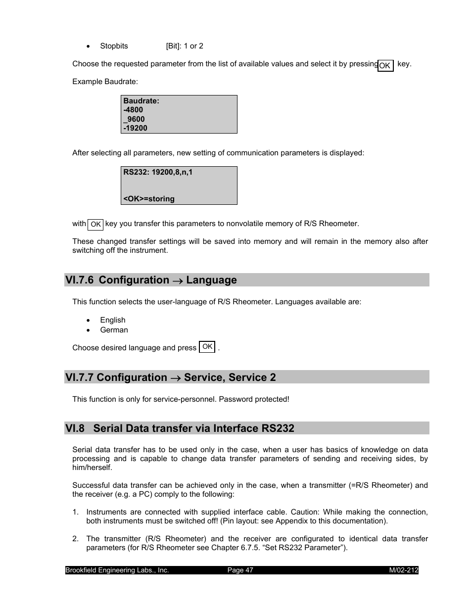 Vi.7.6 configuration → language, Vi.7.7 configuration → service, service 2, Vi.8 serial data transfer via interface rs232 | IBM R/S Rheometer M/02-212 User Manual | Page 47 / 65