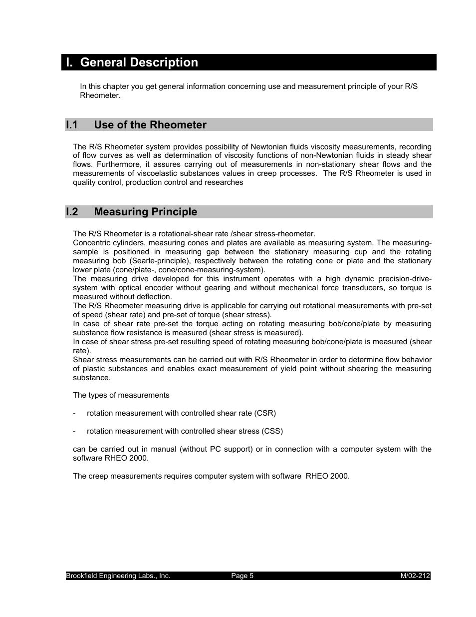 I. general description, I.1 use of the rheometer, I.2 measuring principle | IBM R/S Rheometer M/02-212 User Manual | Page 5 / 65