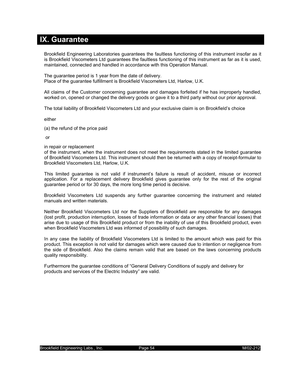 Ix. guarantee | IBM R/S Rheometer M/02-212 User Manual | Page 54 / 65