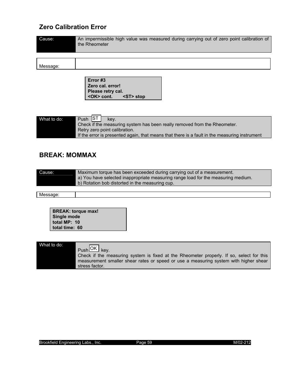 Zero calibration error, Break: mommax | IBM R/S Rheometer M/02-212 User Manual | Page 59 / 65