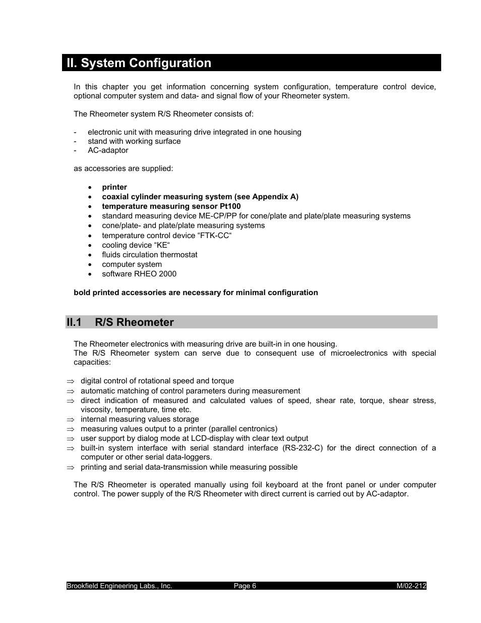 Ii. system configuration, Ii.1 r/s rheometer | IBM R/S Rheometer M/02-212 User Manual | Page 6 / 65