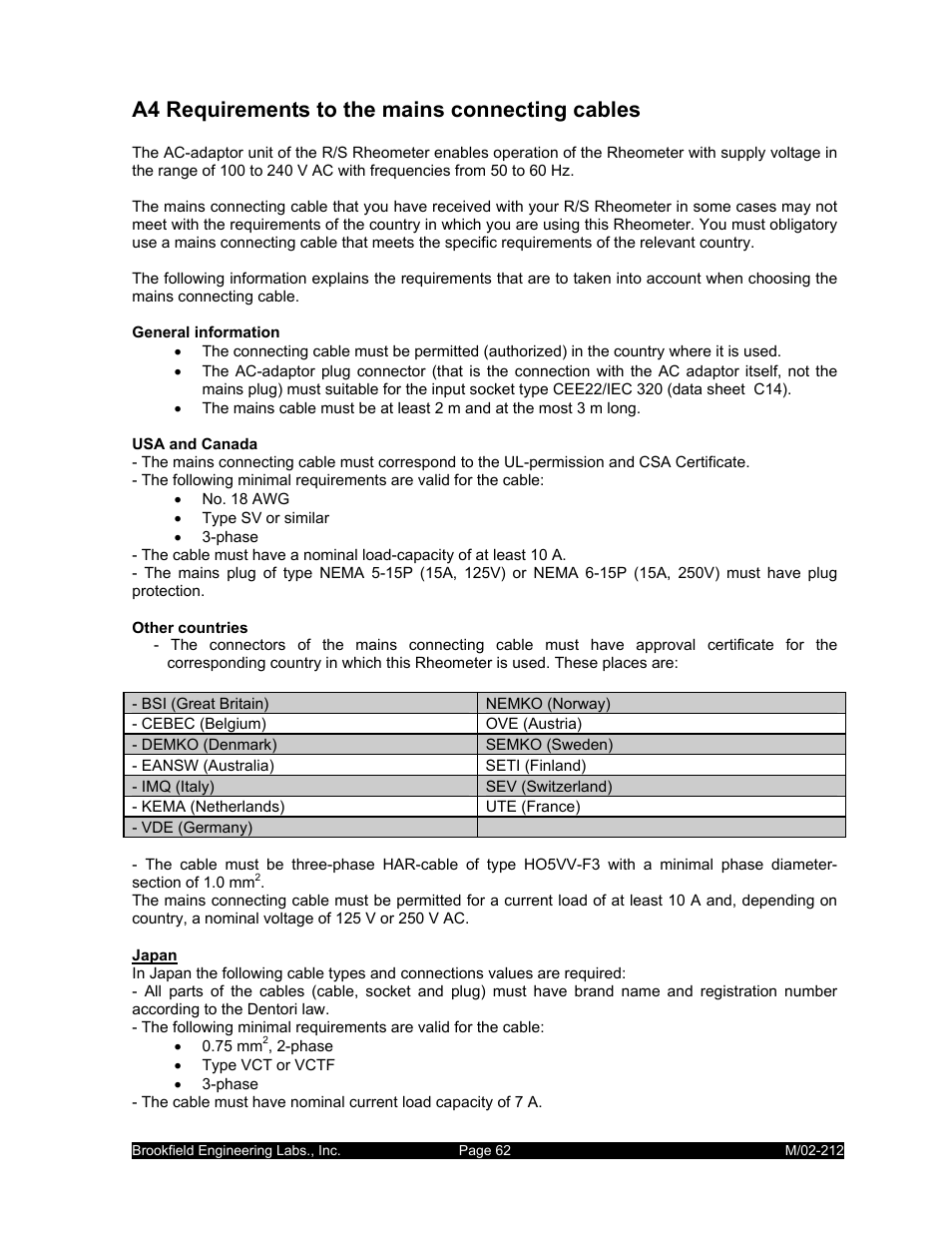 A4 requirements to the mains connecting cables | IBM R/S Rheometer M/02-212 User Manual | Page 62 / 65