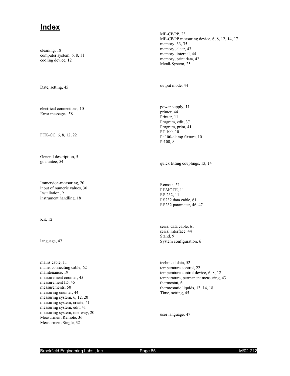 Index | IBM R/S Rheometer M/02-212 User Manual | Page 65 / 65
