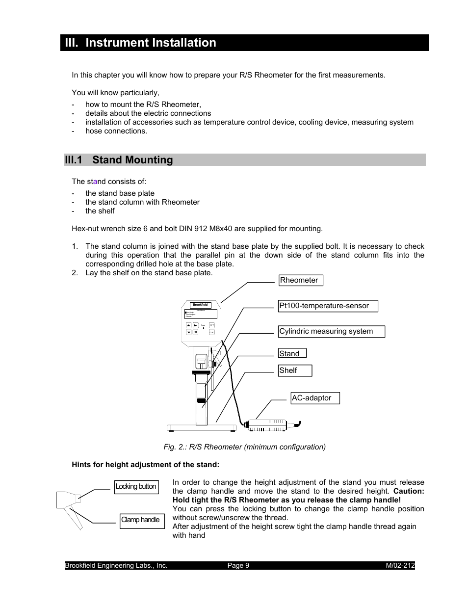Iii. instrument installation, Iii.1 stand mounting | IBM R/S Rheometer M/02-212 User Manual | Page 9 / 65