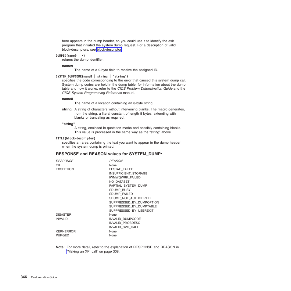 Response and reason values for system_dump | IBM SC34-6814-04 User Manual | Page 368 / 953