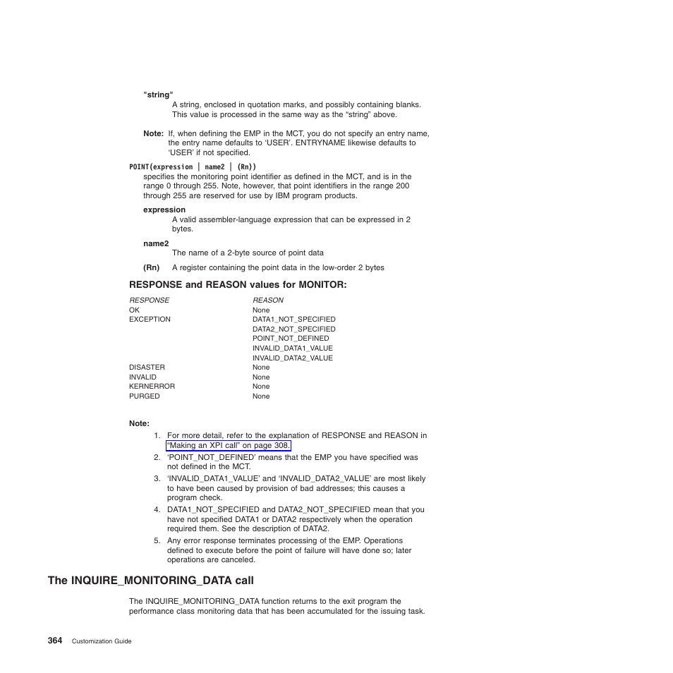Response and reason values for monitor, The inquire_monitoring_data call | IBM SC34-6814-04 User Manual | Page 386 / 953