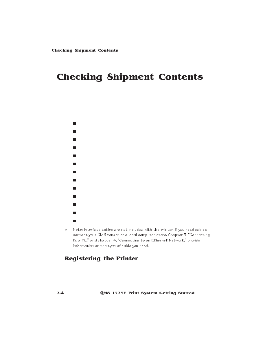 Checking shipment contents, Registering the printer | IBM Print System QMS 1725E User Manual | Page 28 / 94