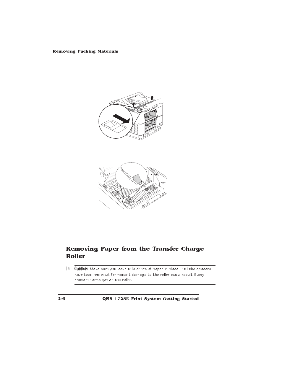 Removing paper from the transfer charge roller | IBM Print System QMS 1725E User Manual | Page 30 / 94