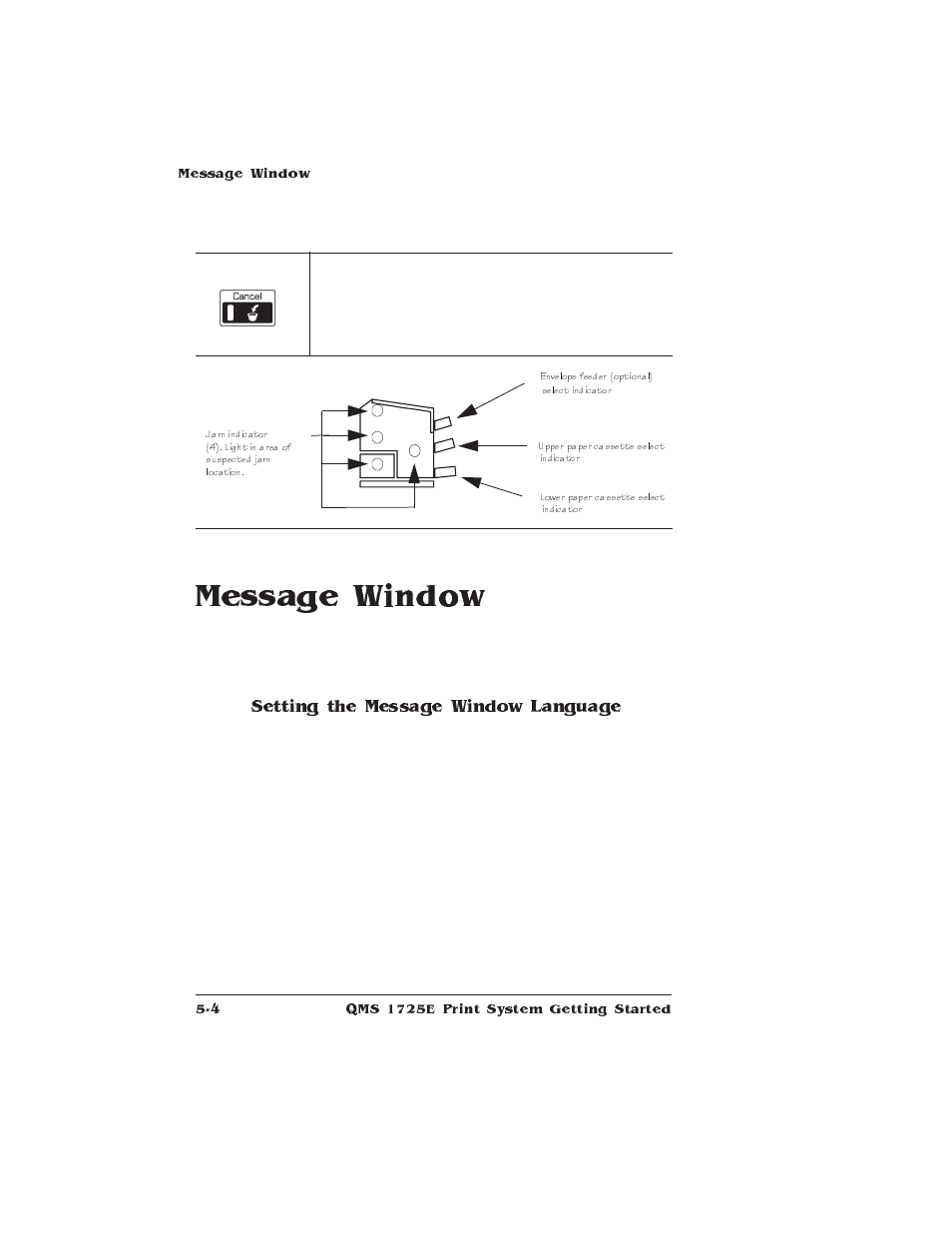 Message window, Control panel message window, Setting the message window language | IBM Print System QMS 1725E User Manual | Page 76 / 94