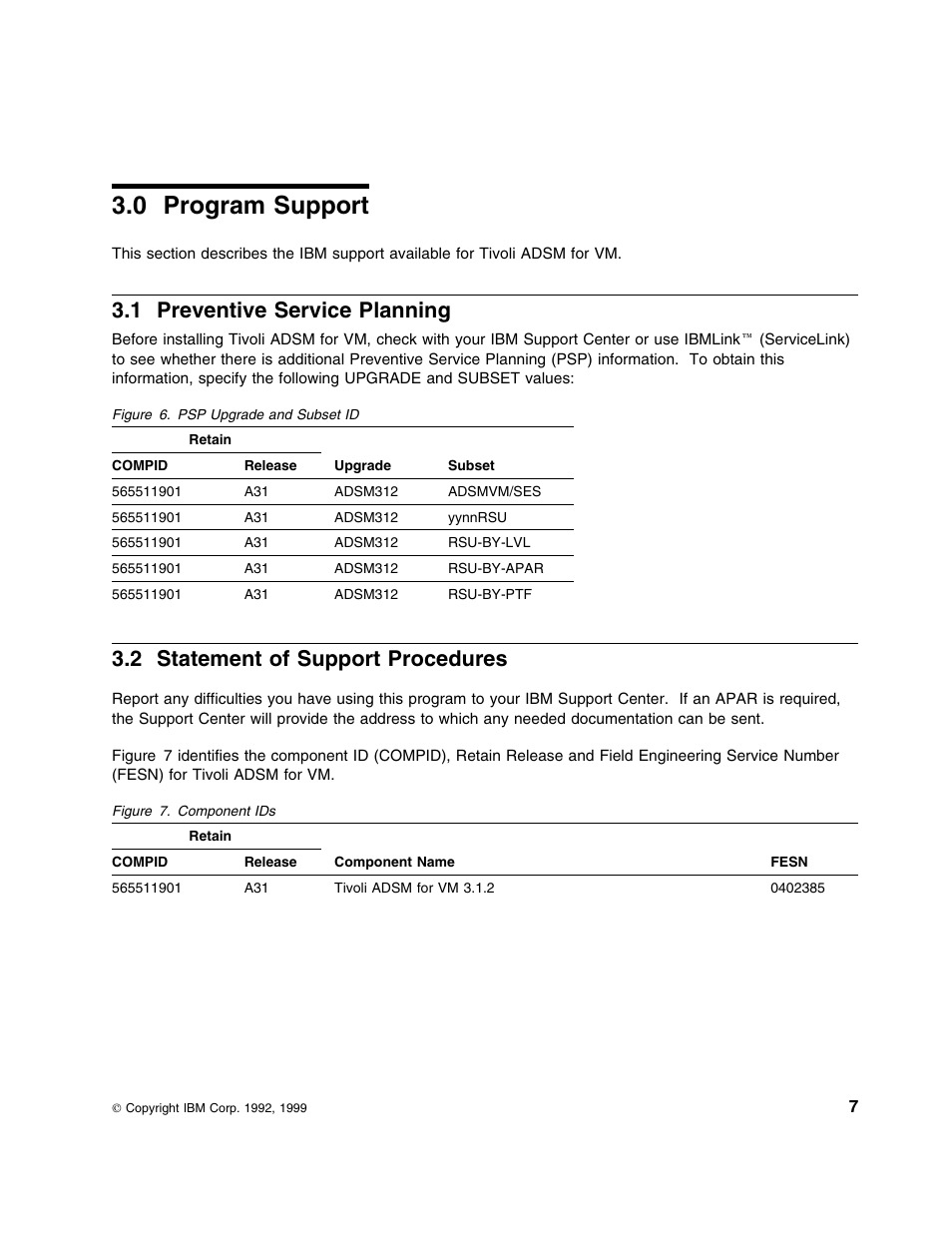 0 program support, 1 preventive service planning, 2 statement of support procedures | IBM TIVOLI ADSTAR 5697-VM3 User Manual | Page 11 / 62