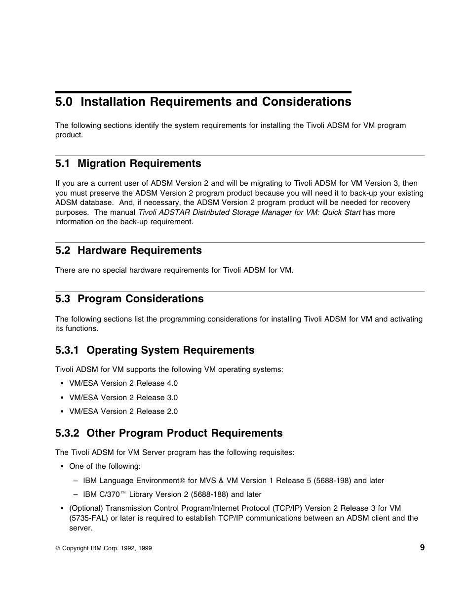 0 installation requirements and considerations, 1 migration requirements, 2 hardware requirements | 3 program considerations, 1 operating system requirements, 2 other program product requirements | IBM TIVOLI ADSTAR 5697-VM3 User Manual | Page 13 / 62