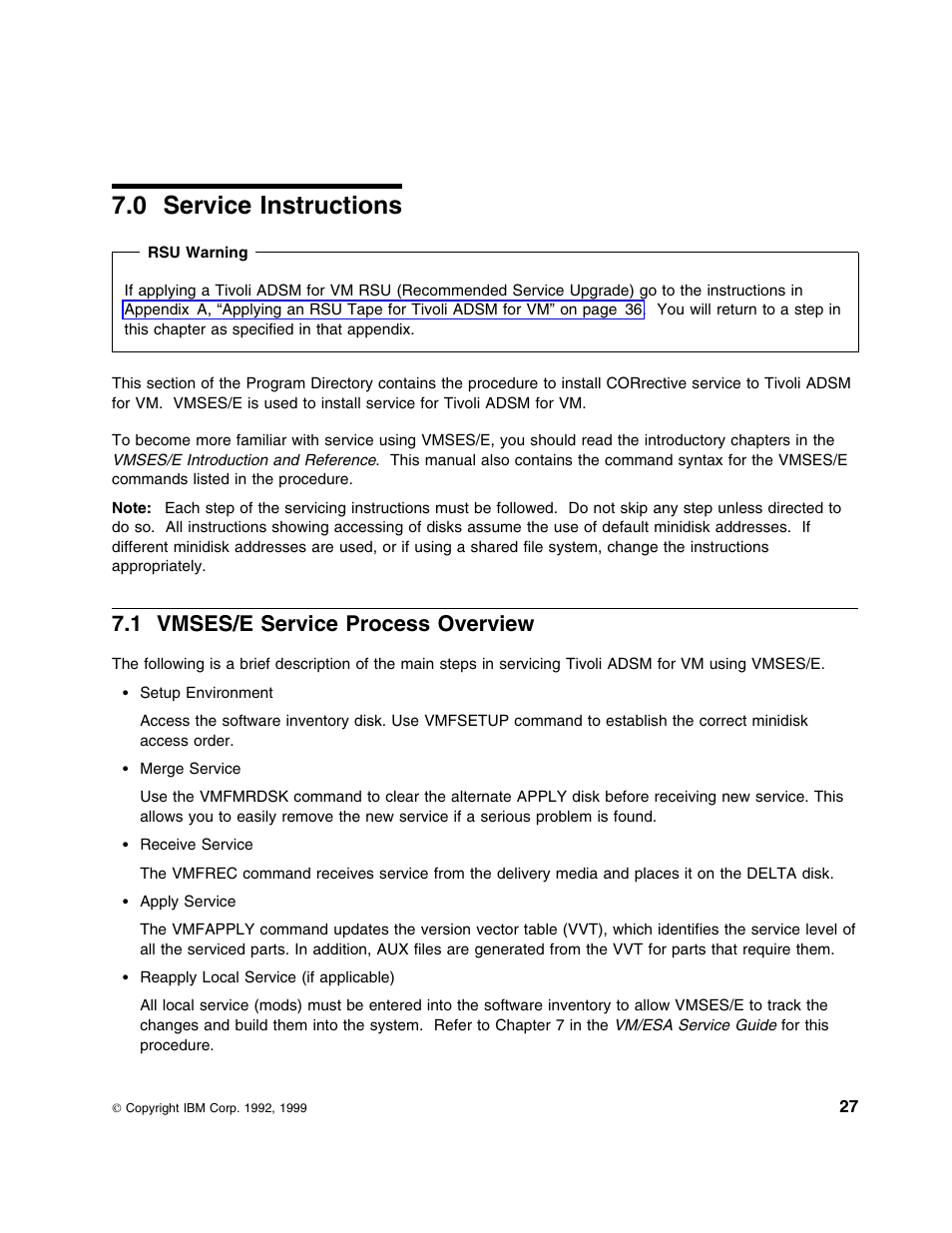 0 service instructions, 1 vmses/e service process overview | IBM TIVOLI ADSTAR 5697-VM3 User Manual | Page 31 / 62