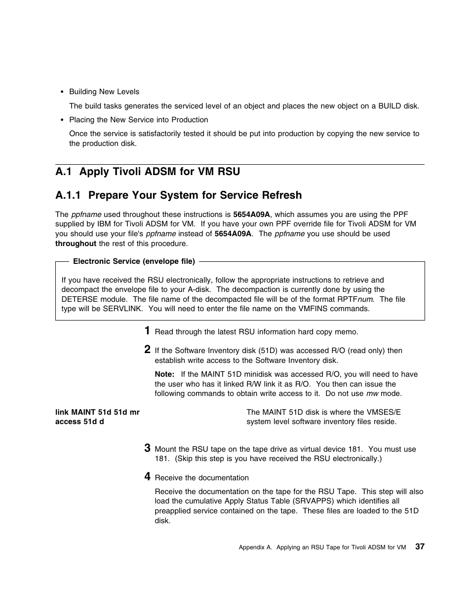 A.1 apply tivoli adsm for vm rsu, A.1.1 prepare your system for service refresh | IBM TIVOLI ADSTAR 5697-VM3 User Manual | Page 41 / 62