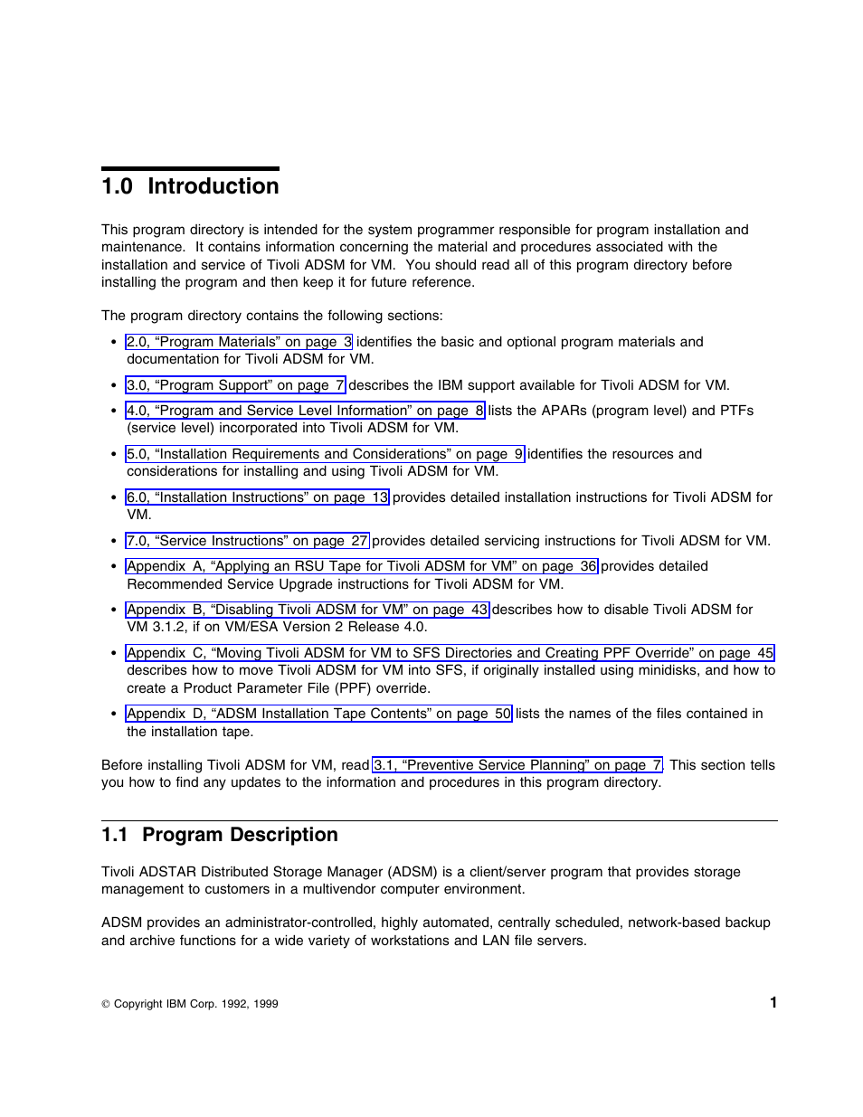 0 introduction, 1 program description | IBM TIVOLI ADSTAR 5697-VM3 User Manual | Page 5 / 62