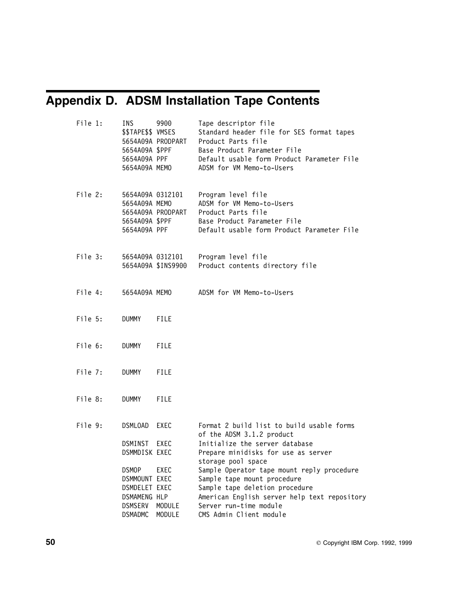 Appendix d. adsm installation tape contents | IBM TIVOLI ADSTAR 5697-VM3 User Manual | Page 54 / 62