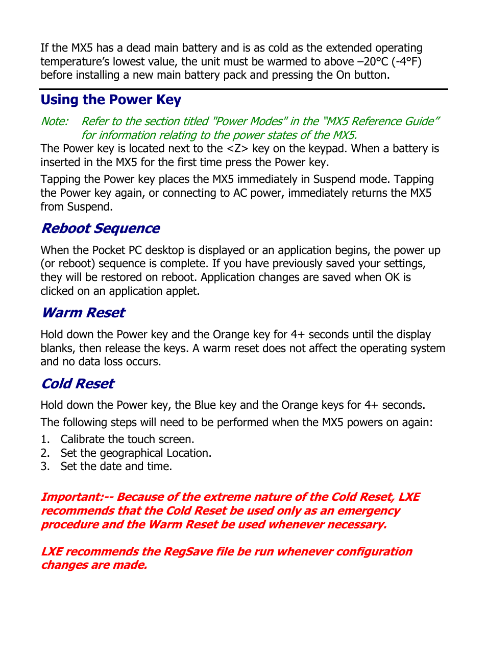 Using the power key, Reboot sequence, Warm reset | Cold reset | IBM MX5 User Manual | Page 11 / 41