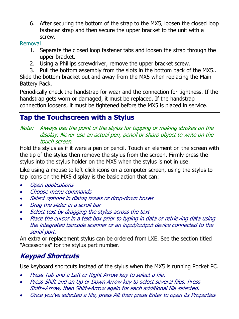 Tap the touchscreen with a stylus, Keypad shortcuts | IBM MX5 User Manual | Page 14 / 41