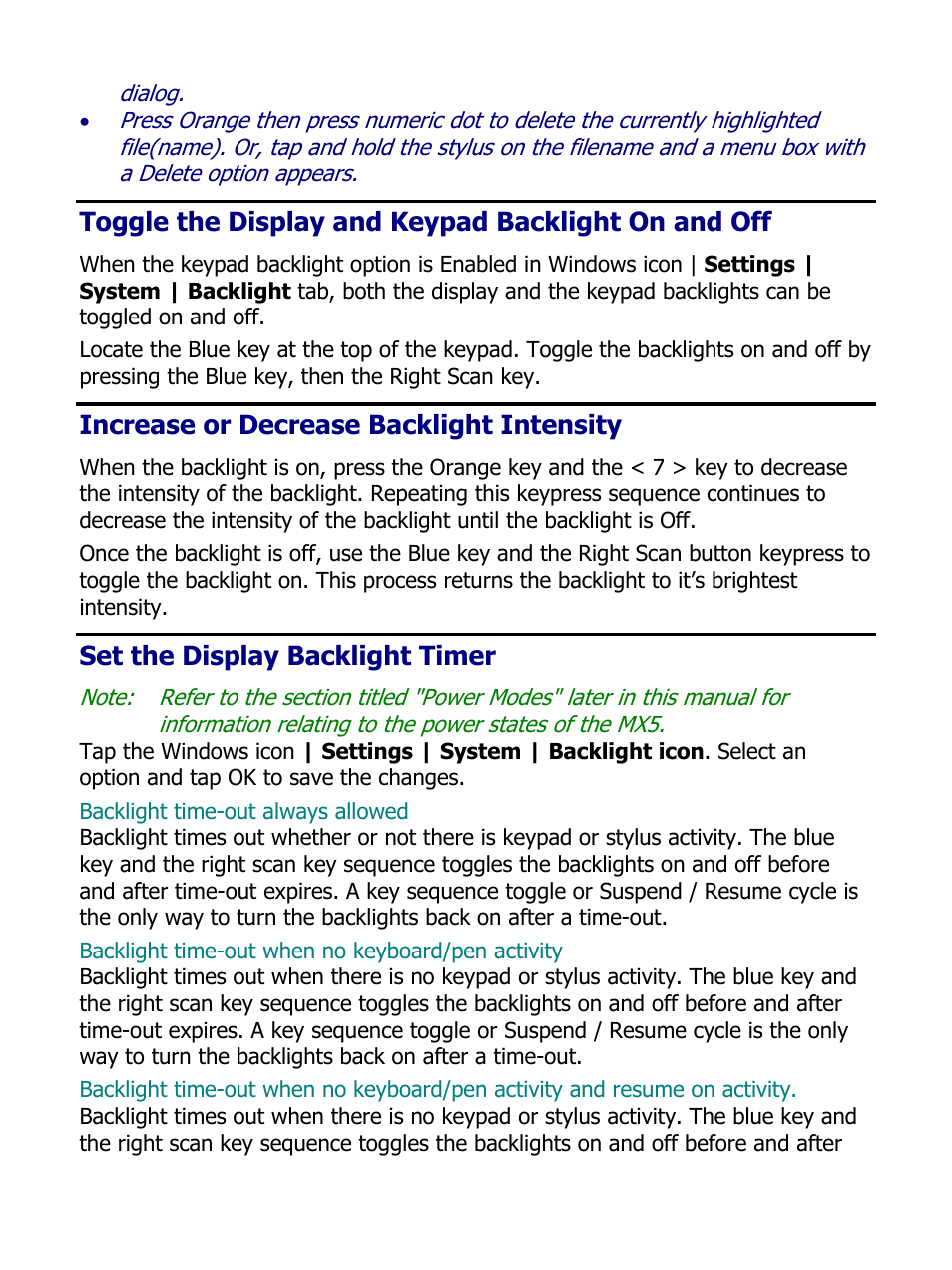 Toggle the display and keypad backlight on and off, Increase or decrease backlight intensity, Set the display backlight timer | IBM MX5 User Manual | Page 15 / 41