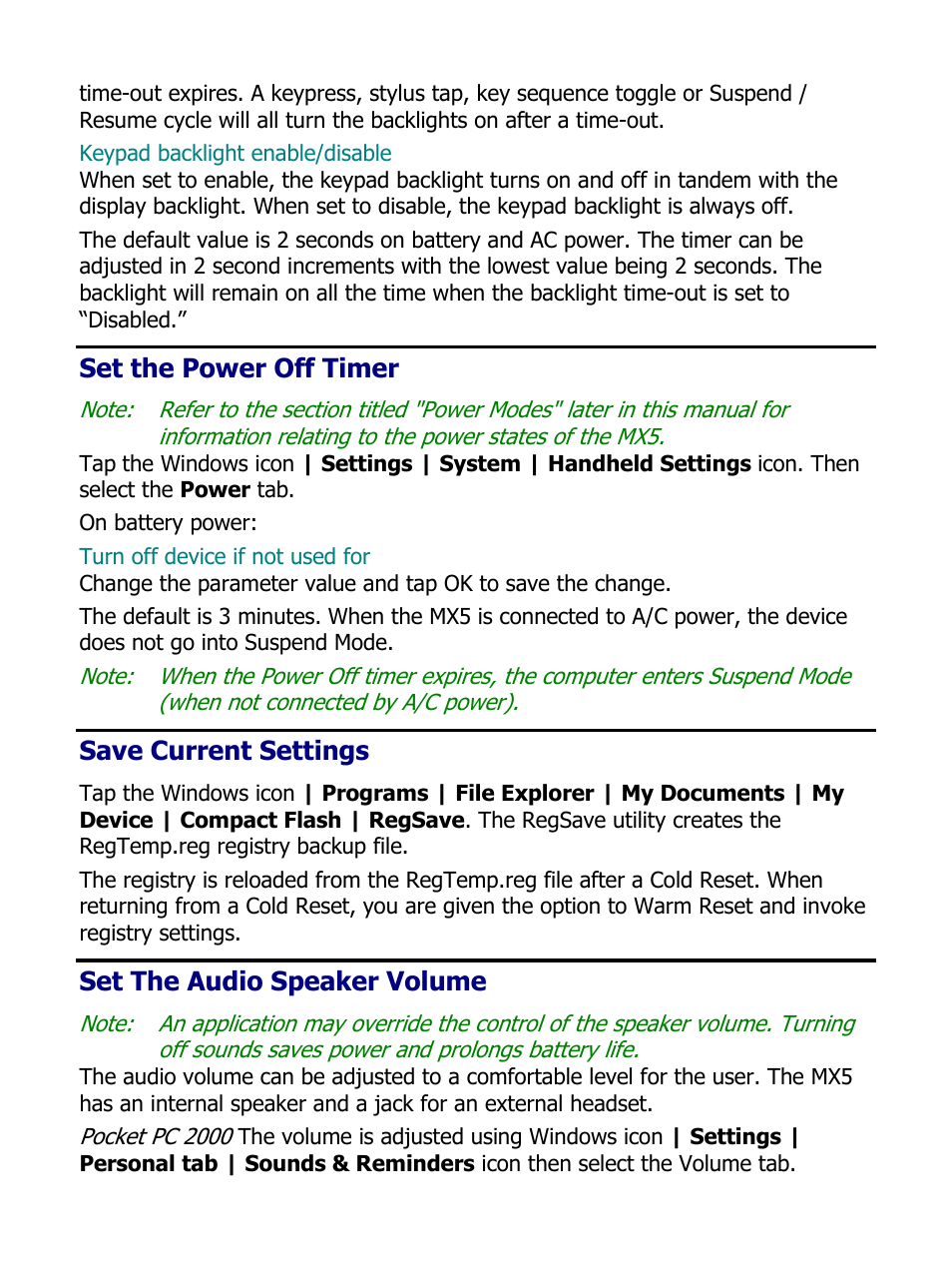 Set the power off timer, Save current settings, Set the audio speaker volume | IBM MX5 User Manual | Page 16 / 41