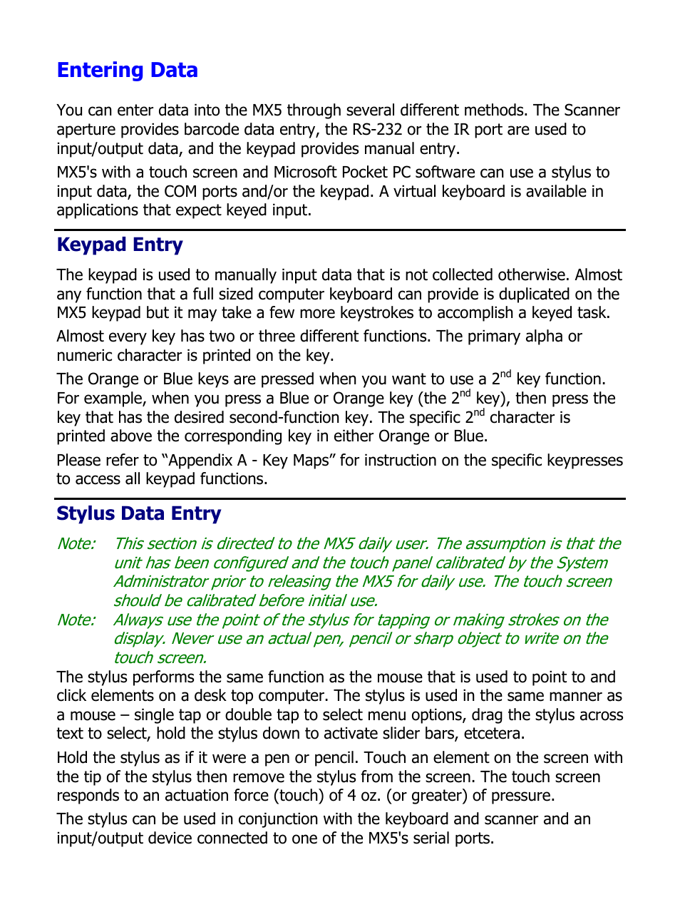 Entering data, Keypad entry, Stylus data entry | IBM MX5 User Manual | Page 18 / 41