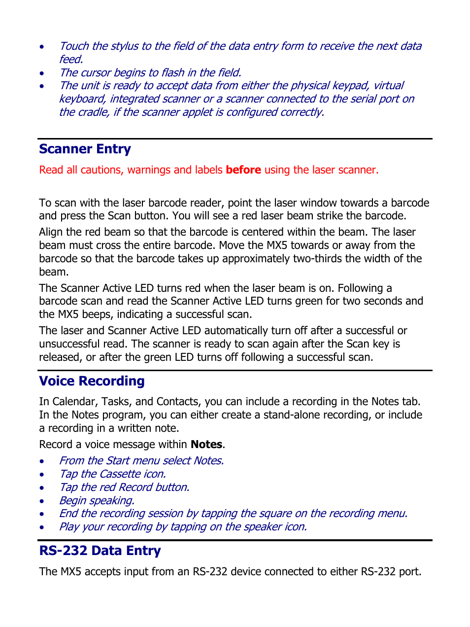 Scanner entry, Voice recording, Rs-232 data entry | IBM MX5 User Manual | Page 19 / 41