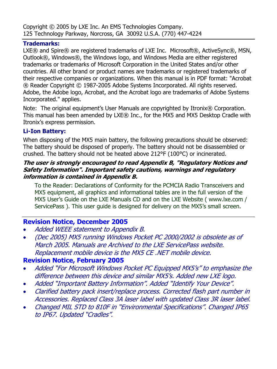Revision notice, december 2005 | IBM MX5 User Manual | Page 2 / 41