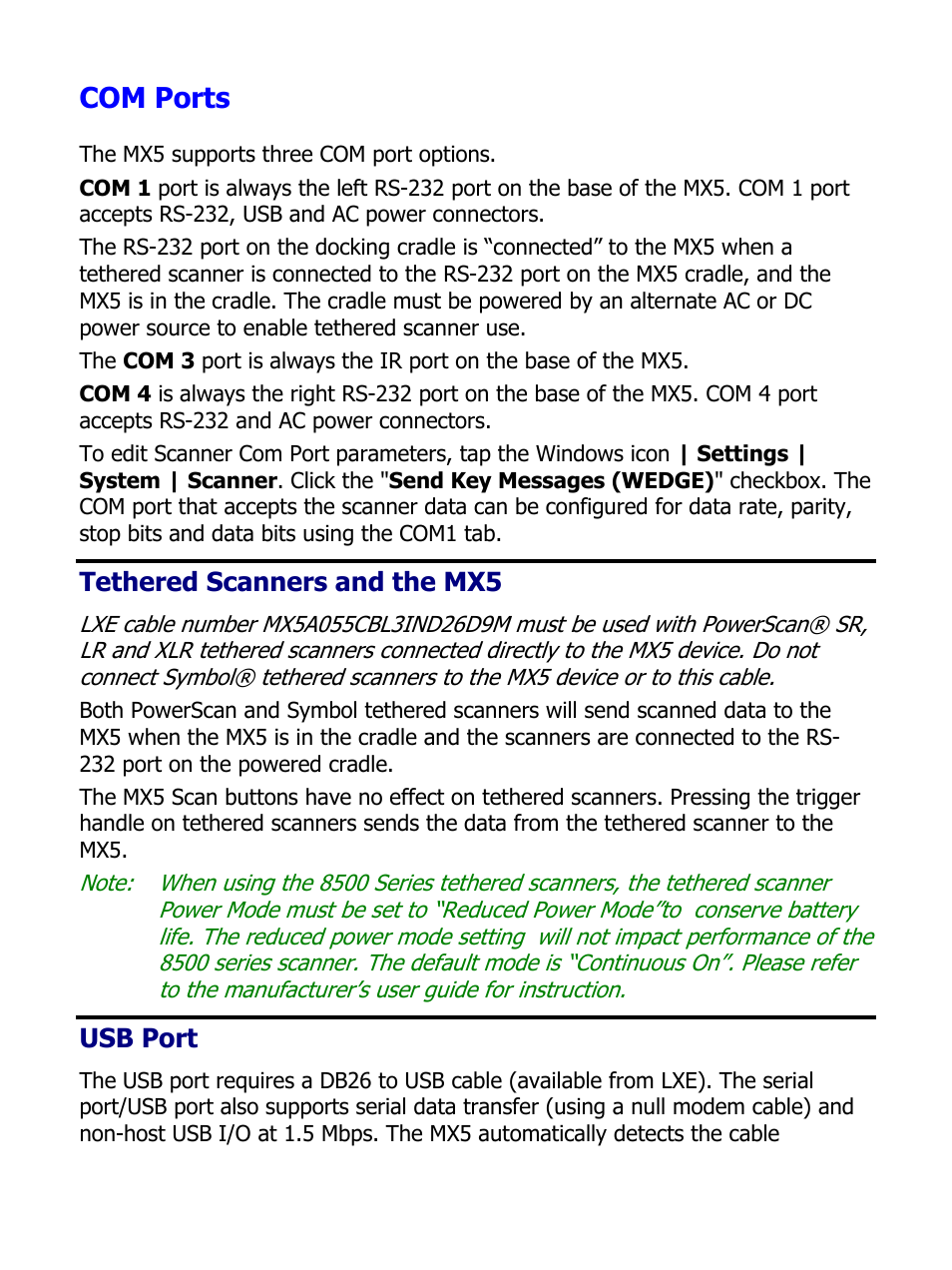 Com ports, Tethered scanners and the mx5, Usb port | IBM MX5 User Manual | Page 22 / 41