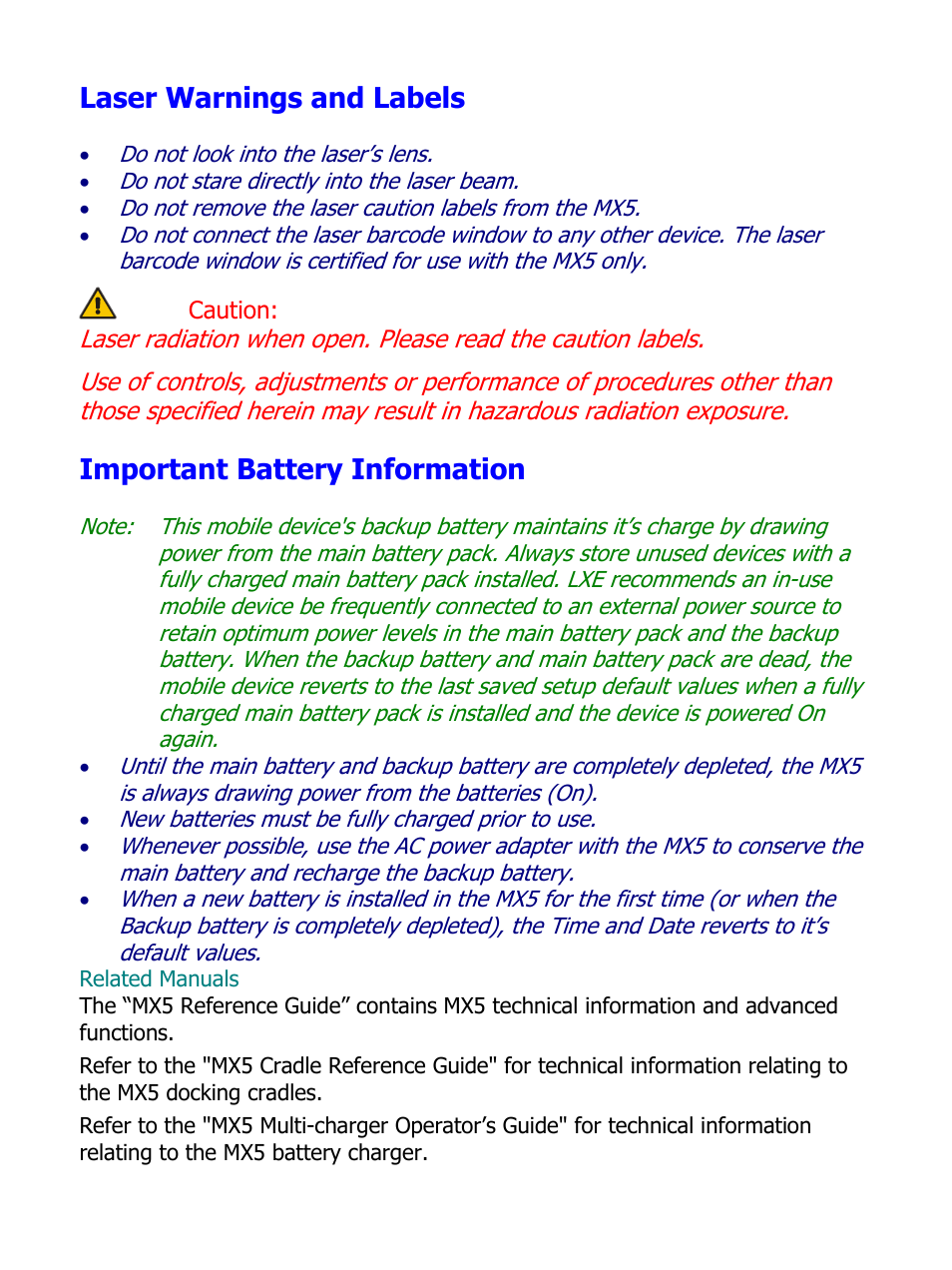 Laser warnings and labels, Important battery information | IBM MX5 User Manual | Page 7 / 41