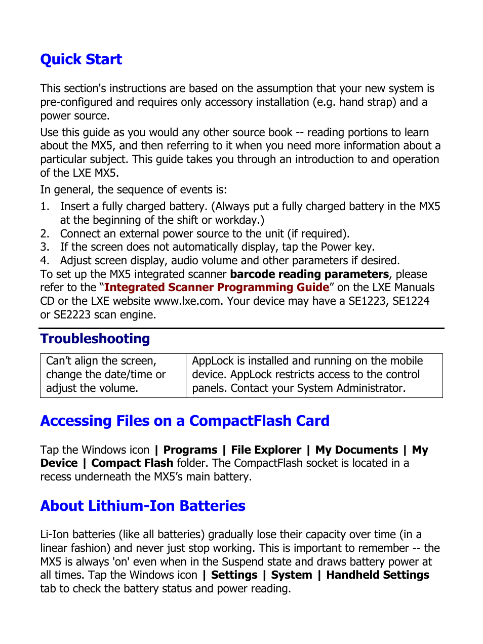 Quick start, Troubleshooting, Accessing files on a compactflash card | About lithium-ion batteries, Quick start 9, Card 9 | IBM MX5 User Manual | Page 9 / 41