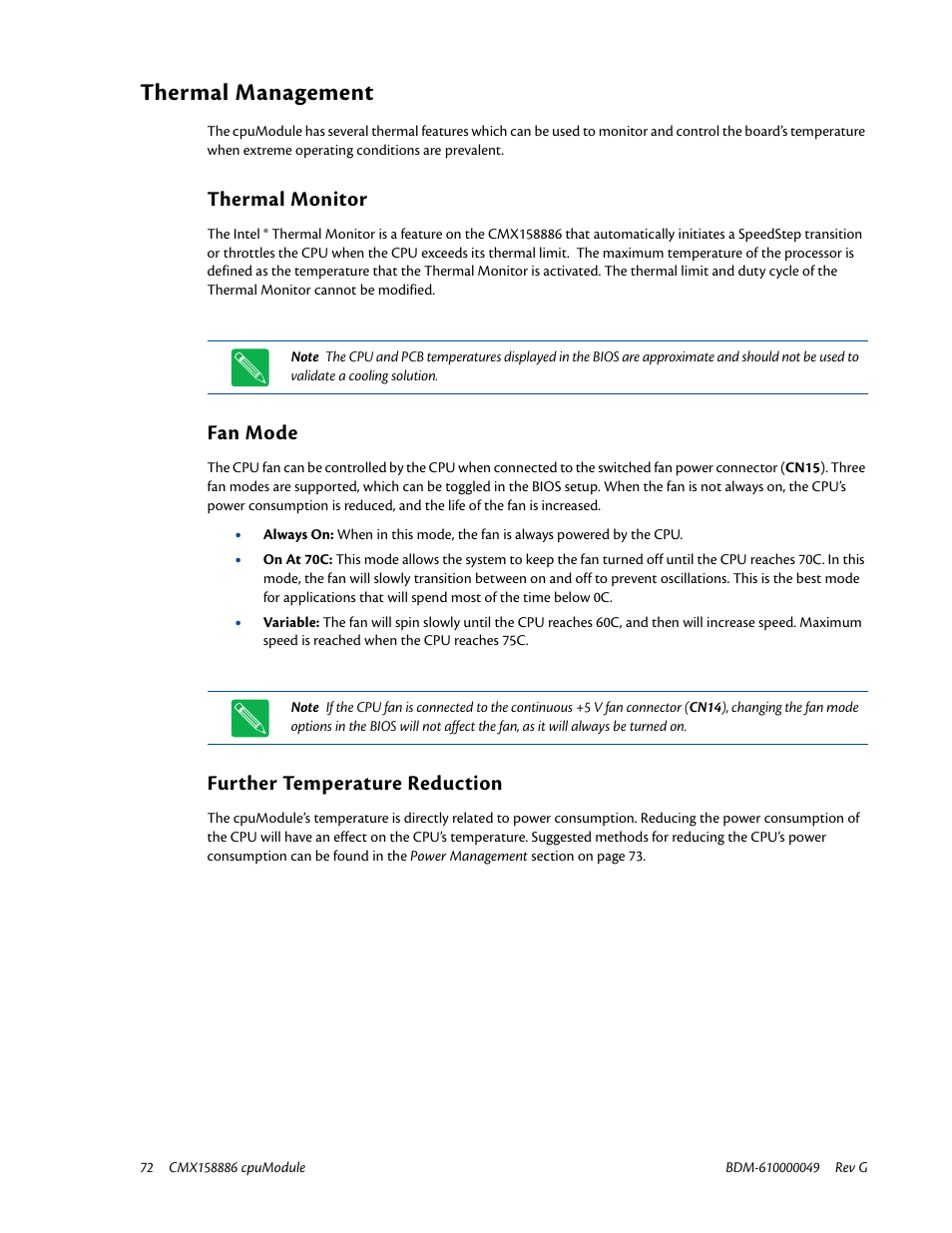 Thermal management, Thermal monitor, Fan mode | Further temperature reduction | IBM BDM-610000049 User Manual | Page 82 / 120