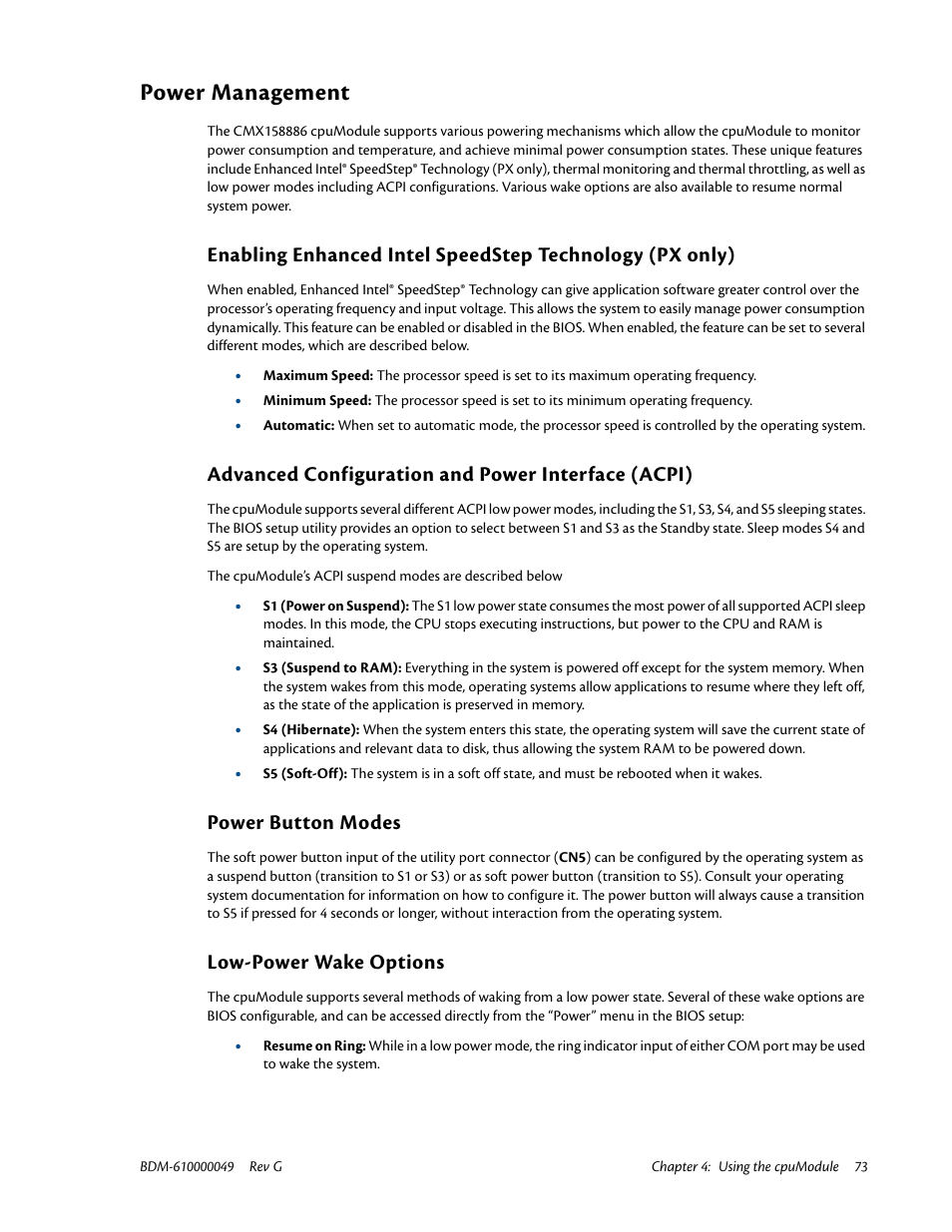 Power management, Advanced configuration and power interface (acpi), Power button modes | Low-power wake options | IBM BDM-610000049 User Manual | Page 83 / 120