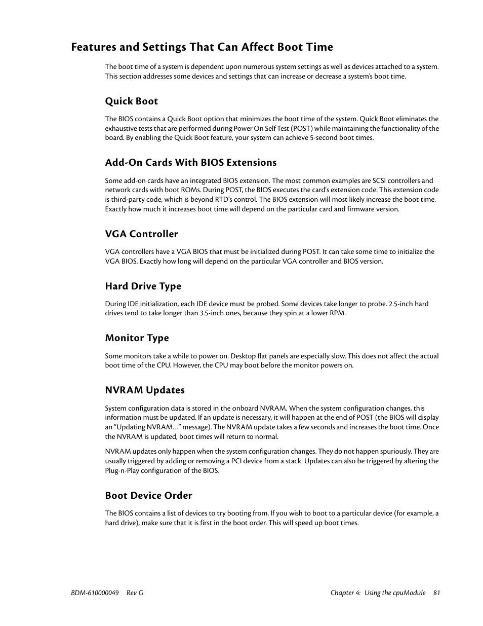 Features and settings that can affect boot time, Quick boot, Add-on cards with bios extensions | Vga controller, Hard drive type, Monitor type, Nvram updates, Boot device order | IBM BDM-610000049 User Manual | Page 91 / 120
