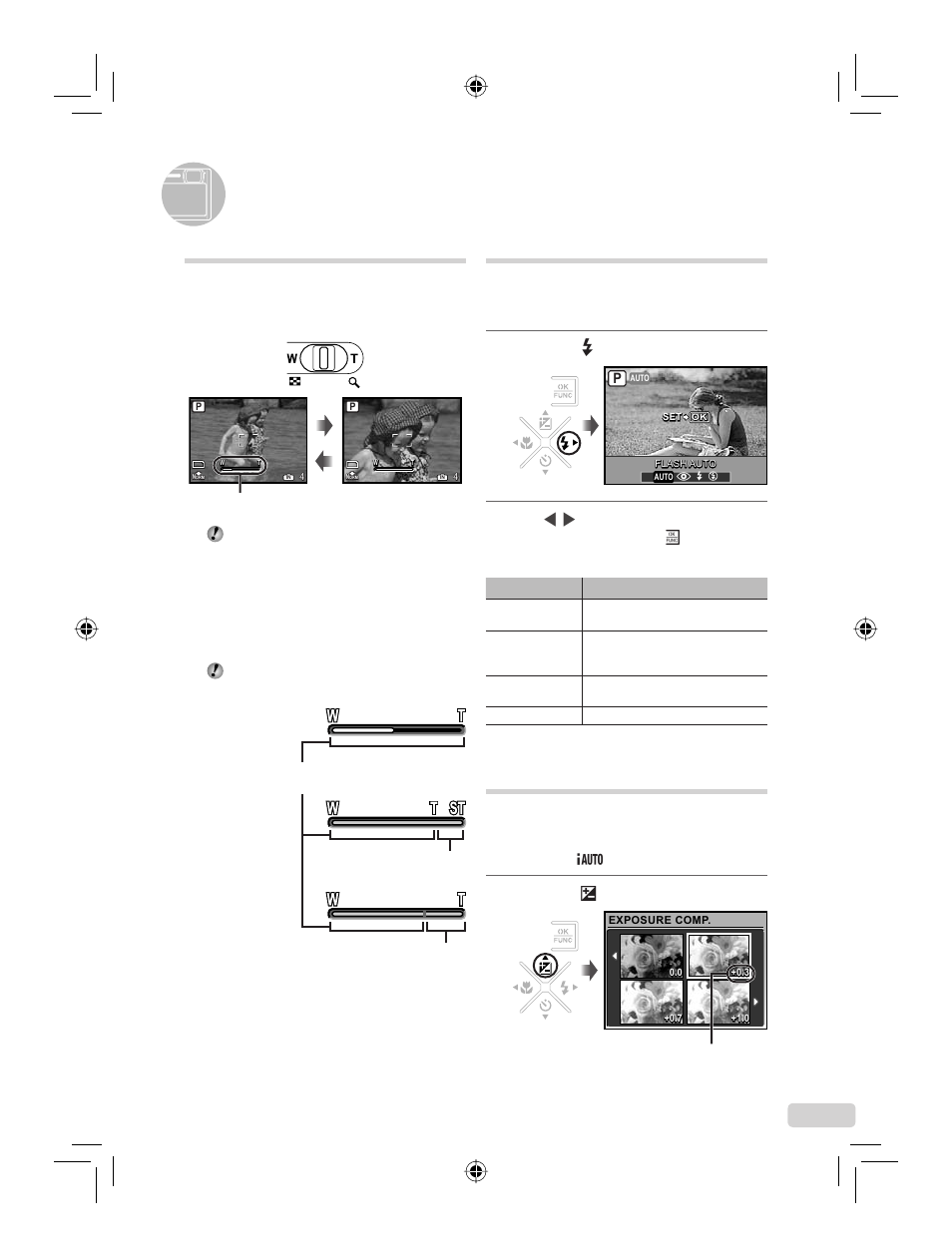 Using shooting functions, Using the optical zoom, Using the flash | Adjusting the brightness(exposure compensation), 13 en using the fl ash, Adjusting the brightness (exposure compensation), Press the # button, Press the f button | IBM u-1070 User Manual | Page 13 / 124