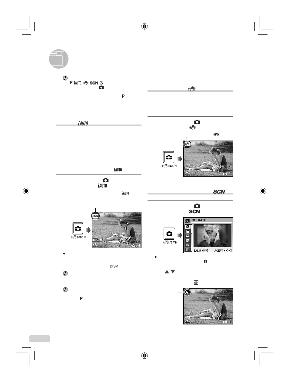 Uso de los modos de toma, Uso del mejor modo para la escena de toma (modo s), Toma con ajustes automáticos (modo g) | IBM u-1070 User Manual | Page 58 / 124