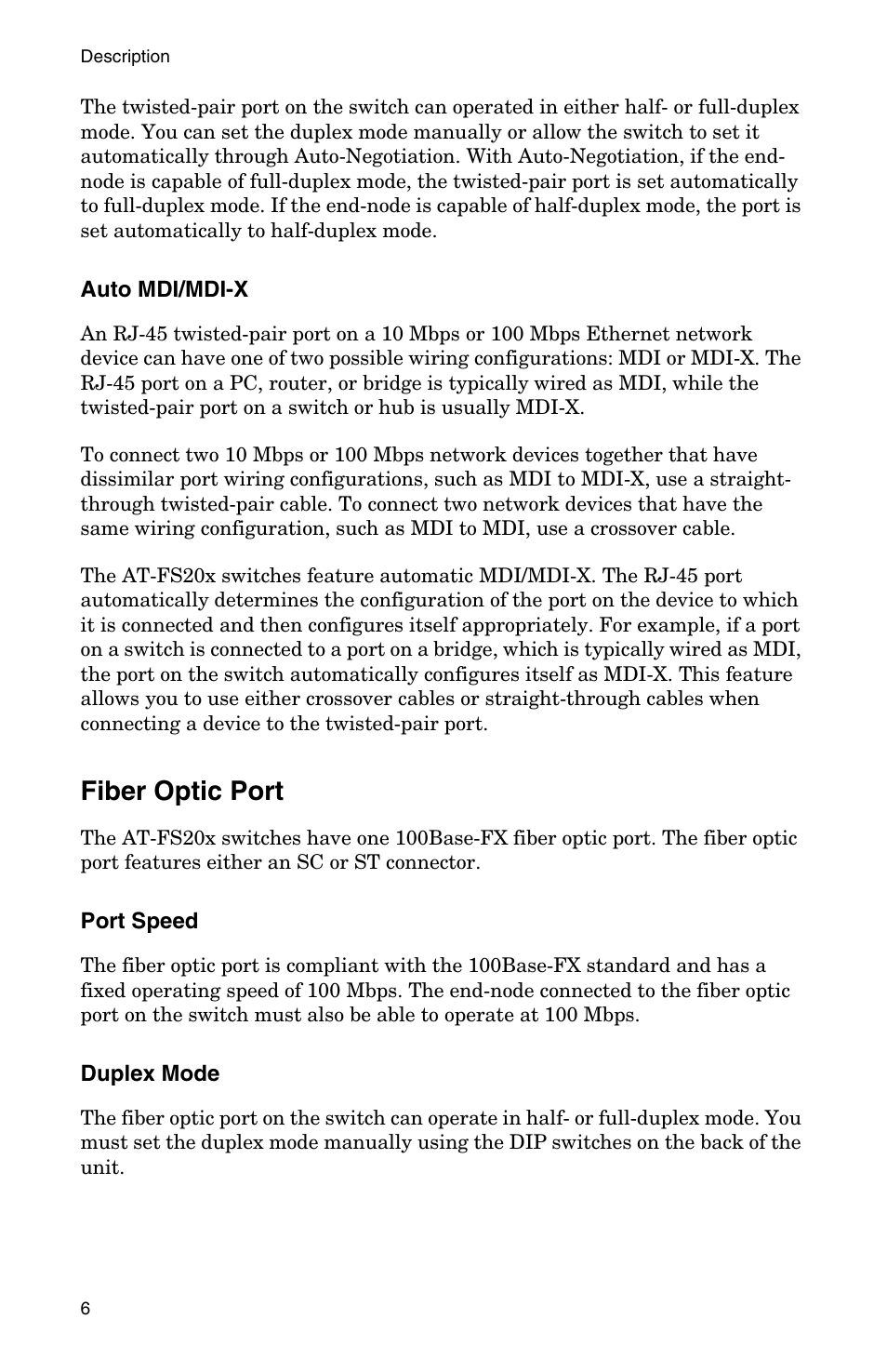 Auto mdi/mdi-x, Fiber optic port, Port speed | Duplex mode | IBM AT-FS202SC/FS3 User Manual | Page 14 / 44