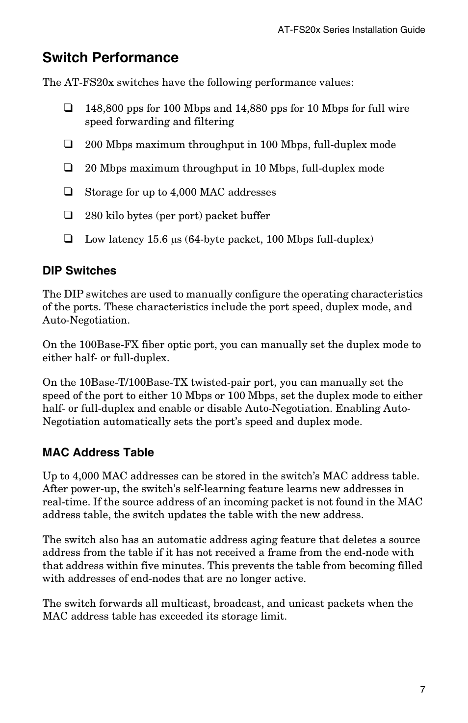 Switch performance, Dip switches, Mac address table | IBM AT-FS202SC/FS3 User Manual | Page 15 / 44