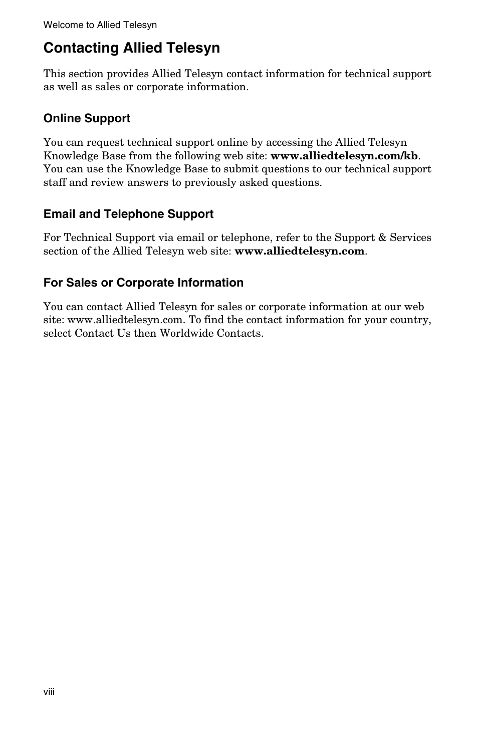 Contacting allied telesyn, Online support, Email and telephone support | For sales or corporate information | IBM AT-FS202SC/FS3 User Manual | Page 8 / 44