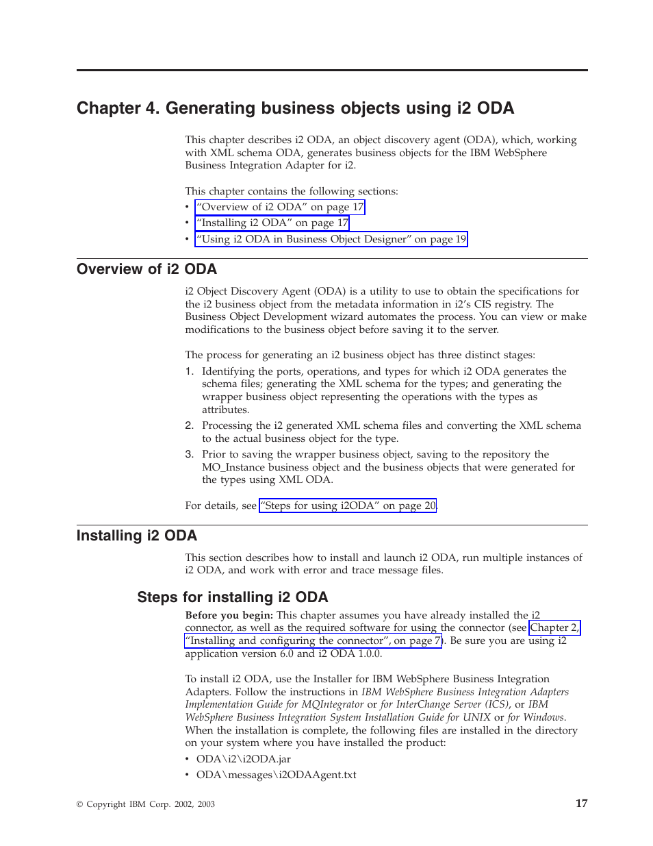 Overview of i2 oda, Installing i2 oda, Steps for installing i2 oda | IBM WebSphere Business Integration Adapter User Manual | Page 27 / 92
