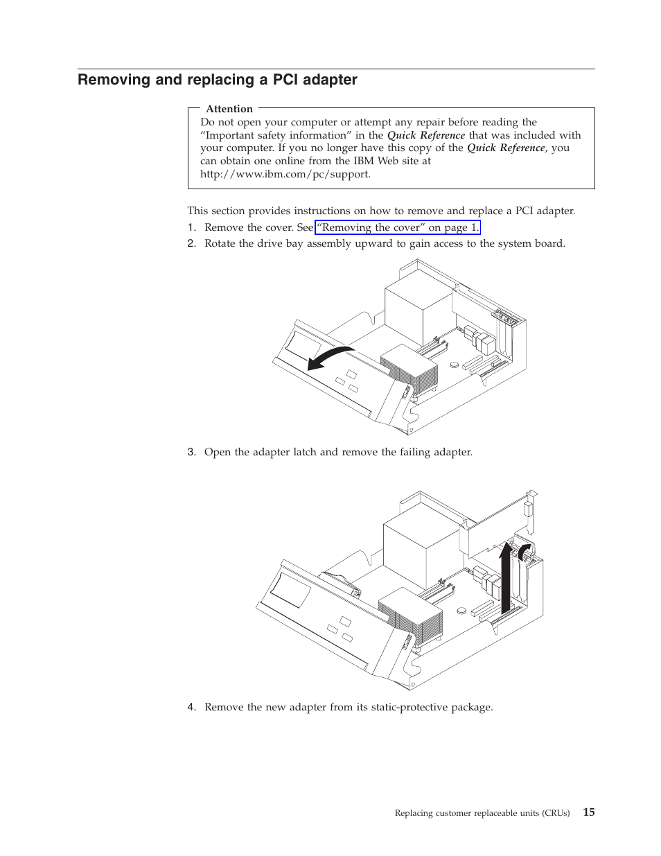 Removing and replacing a pci adapter, Removing, Replacing | Adapter | IBM THINKCENTRE 8141 User Manual | Page 23 / 28