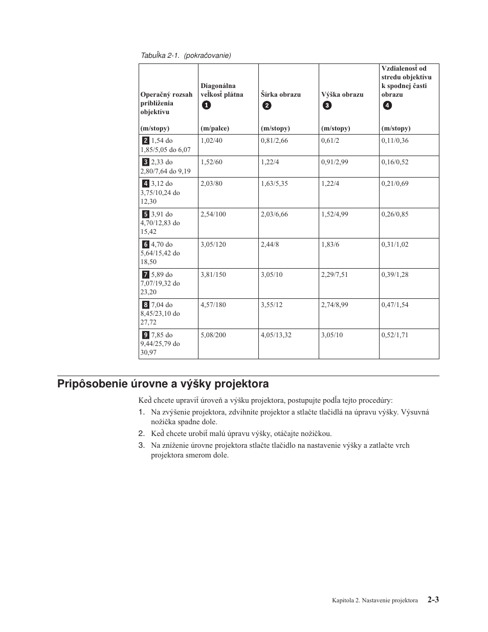 Pripôsobenie úrovne a výšky projektora, Pripôsobenie, Úrovne | Výšky, Projektora | IBM M400 User Manual | Page 23 / 82