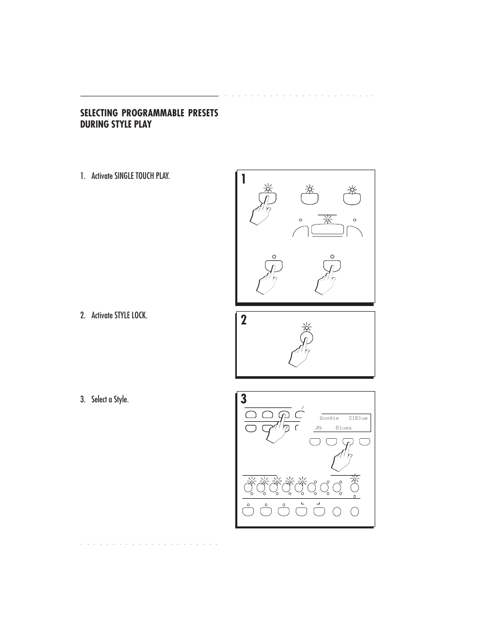 5•16 user guide, Selecting programmable presets during style play, Activate single touch play | Activate style lock, Select a style, Examples: selecting presets during style play | IBM PS1500 User Manual | Page 104 / 112