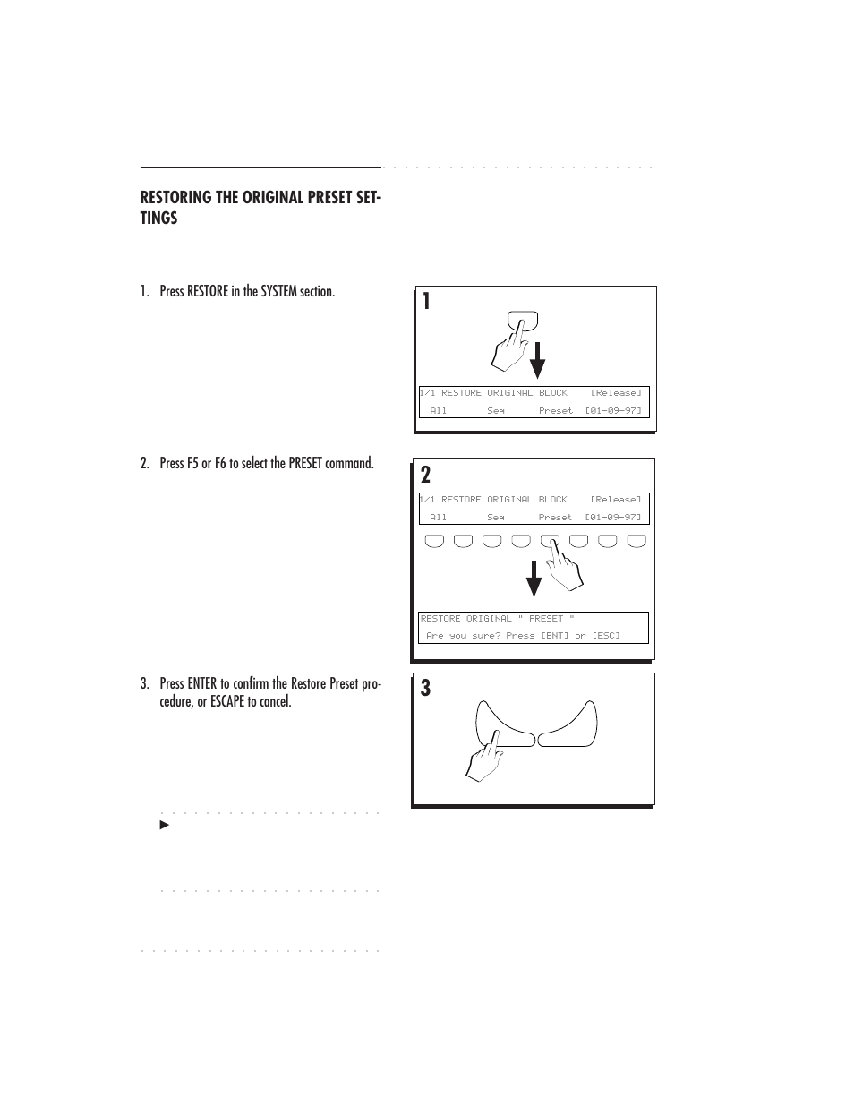 5•24 user guide, Restoring the original preset set- tings, Press f5 or f6 to select the preset command | IBM PS1500 User Manual | Page 112 / 112