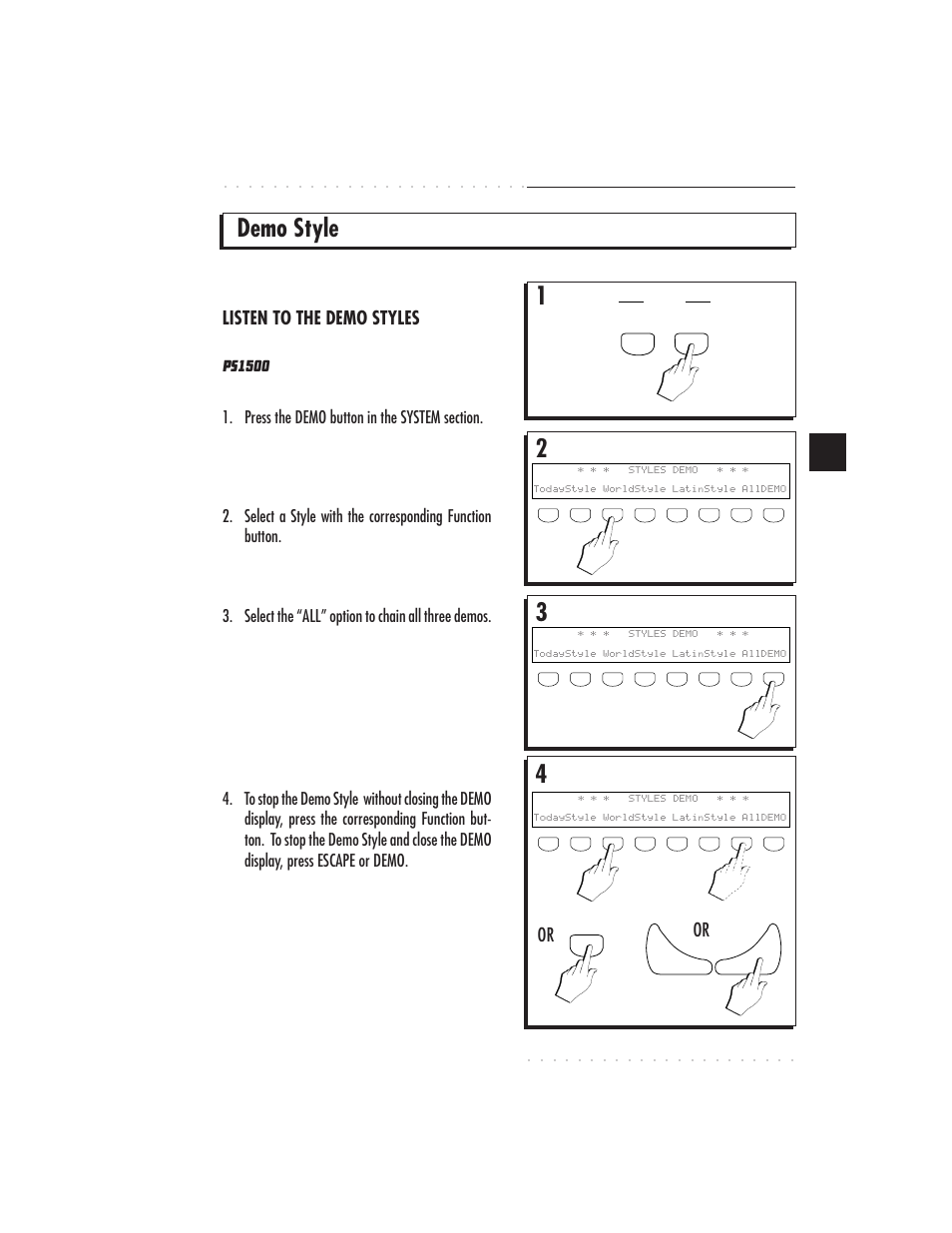 Demo style, Quick guide 1•5, Listen to the demo styles | Select the “all” option to chain all three demos | IBM PS1500 User Manual | Page 21 / 112